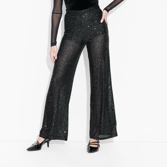 Wild Fable Mid Rise Wide Leg Holiday Sequin Pant. Black. Size XXS - Picture 2 of 7